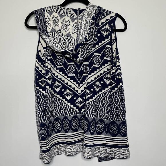 Hippie Rose Cardigan Vest Aztec Pattern Sleeveless Hood Navy White XS Southwest - Picture 7 of 10